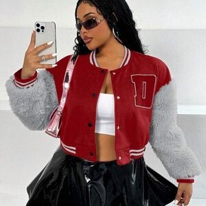 - Plus Size Faux Fur Arms Varsity Button Up Jacket